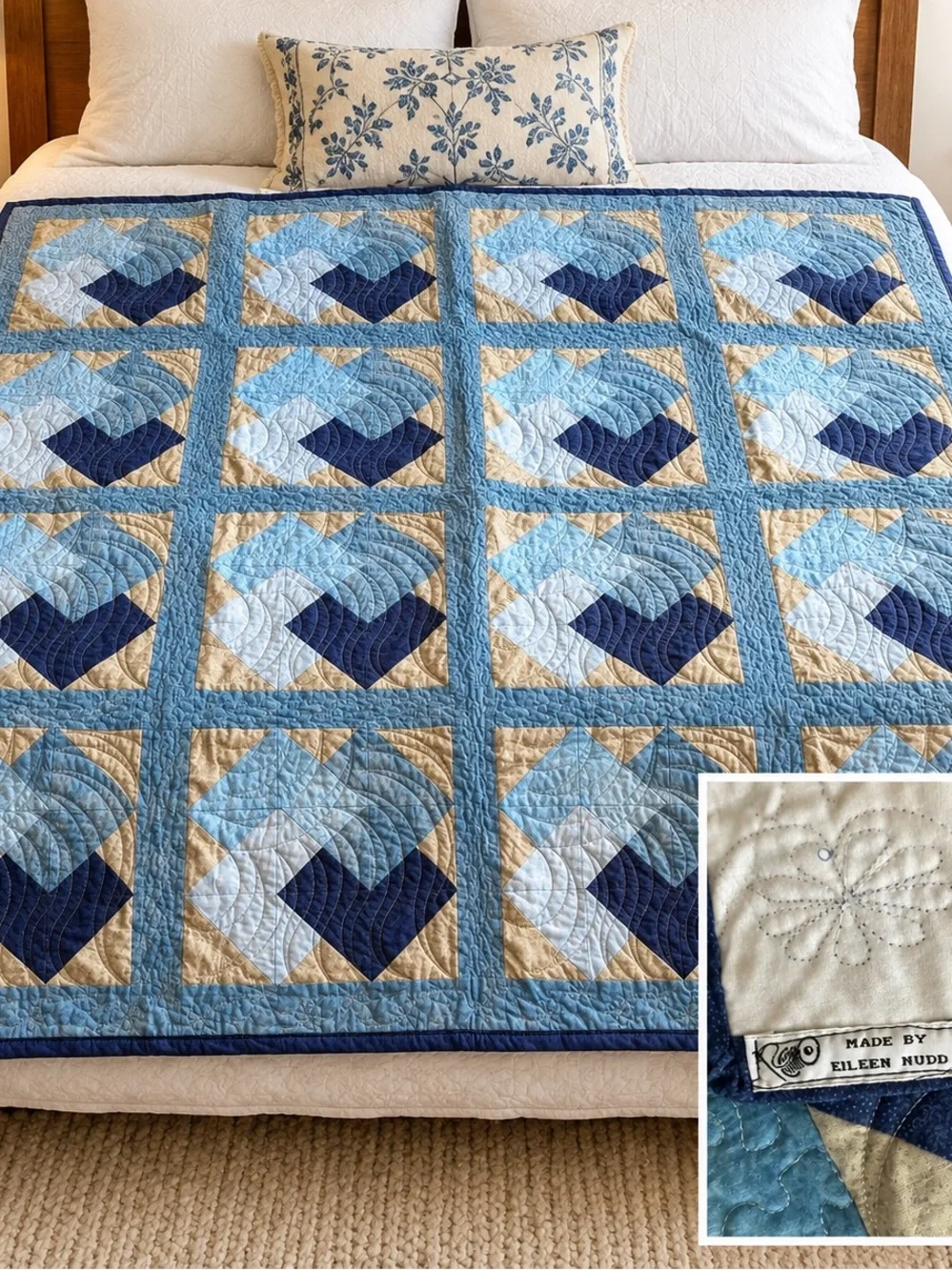 Eileen Nudd vintage handmade quilt 55 x 55 Custom, long arm card trick blue sand